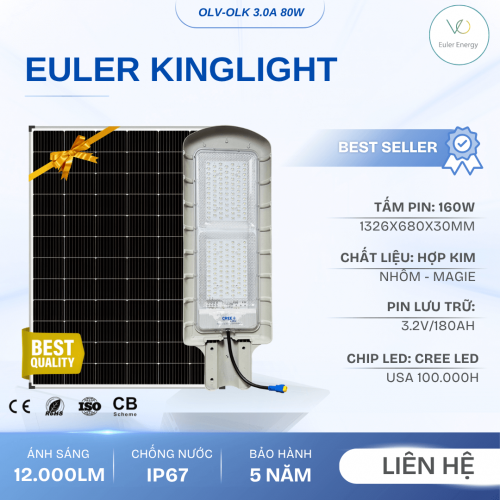 Đèn Đường Năng Lượng Mặt Trời Cao Cấp Euler King Light 3.0 - 80W - Bảo Hành 5 Năm