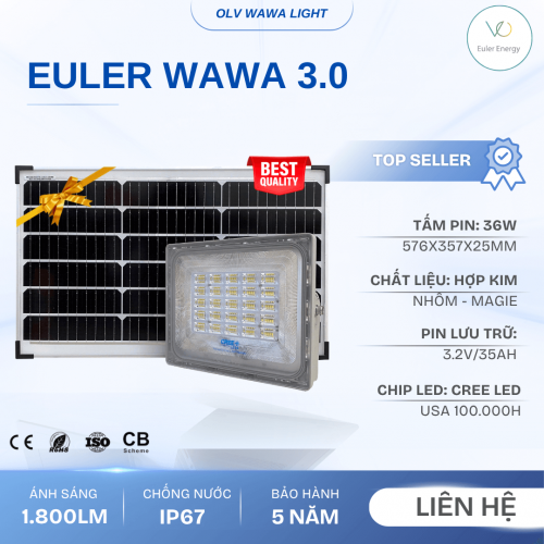 Đèn Pha Năng Lượng Mặt Trời Cao Cấp Euler Wawalight 3.0 - 200W - Bảo Hành 5 Năm