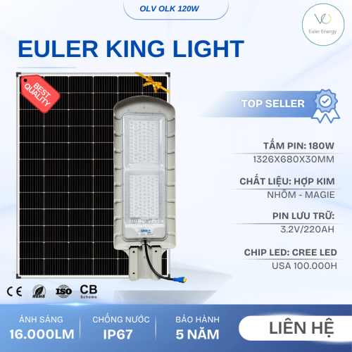 Đèn Đường Năng Lượng Mặt Trời Cao Cấp Euler King Light 3.0B - 120W - Bảo Hành 5 Năm