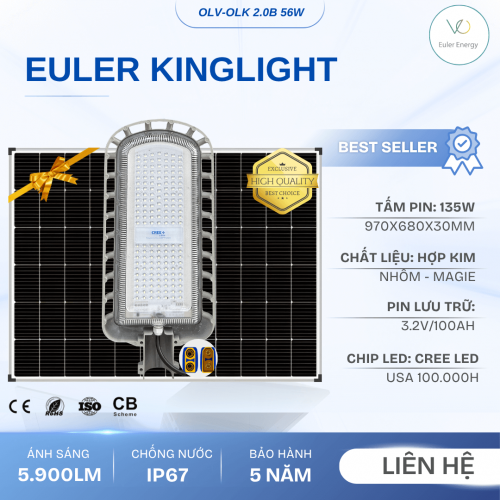 Đèn Đường Năng Lượng Mặt Trời Cao Cấp Euler King Light 2.0 - 56W - Bảo Hành 5 Năm