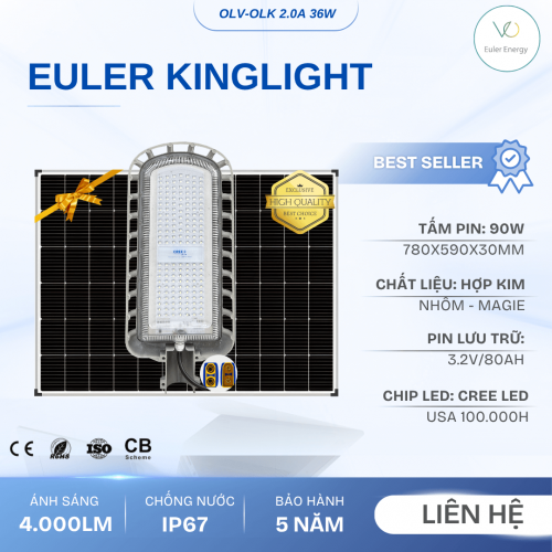 Đèn Đường Năng Lượng Mặt Trời Cao Cấp Euler King Light 2.0 - 36W - Bảo Hành 5 Năm