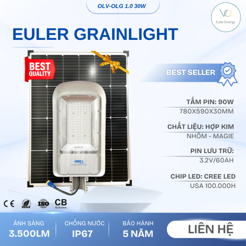 Đèn Đường Năng Lượng Mặt Trời Cao Cấp Euler Grain Light 1.0D - 30W - Bảo Hành 5 Năm (Đã bao gồm khung cần)
