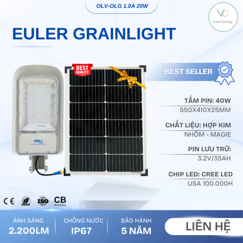 Đèn Đường Năng Lượng Mặt Trời Cao Cấp Euler Grain Light 1.0A - 20W - Bảo Hành 5 Năm