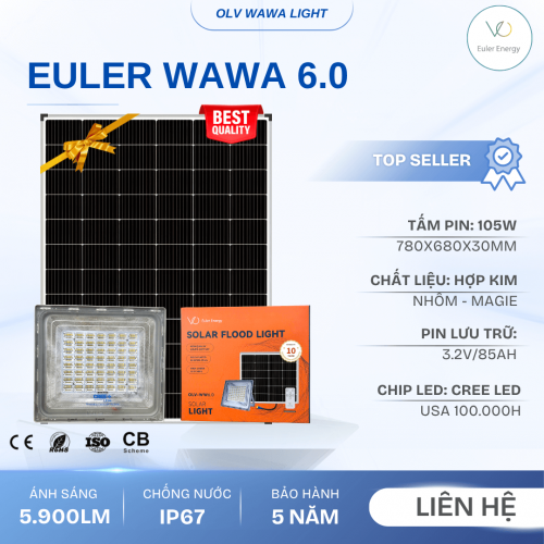 Đèn Pha Năng Lượng Mặt Trời Cao Cấp Euler Wawalight 6.0 - 500W - Bảo Hành 5 Năm