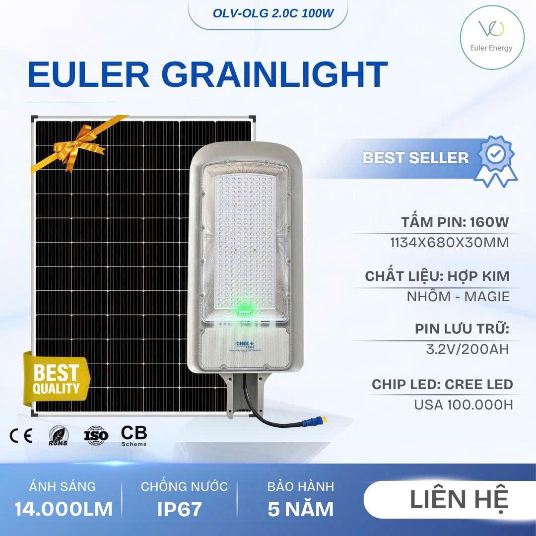 Đèn Đường Năng Lượng Mặt Trời Cao Cấp Euler King Light 3.0 - 100W - Bảo Hành 5 Năm